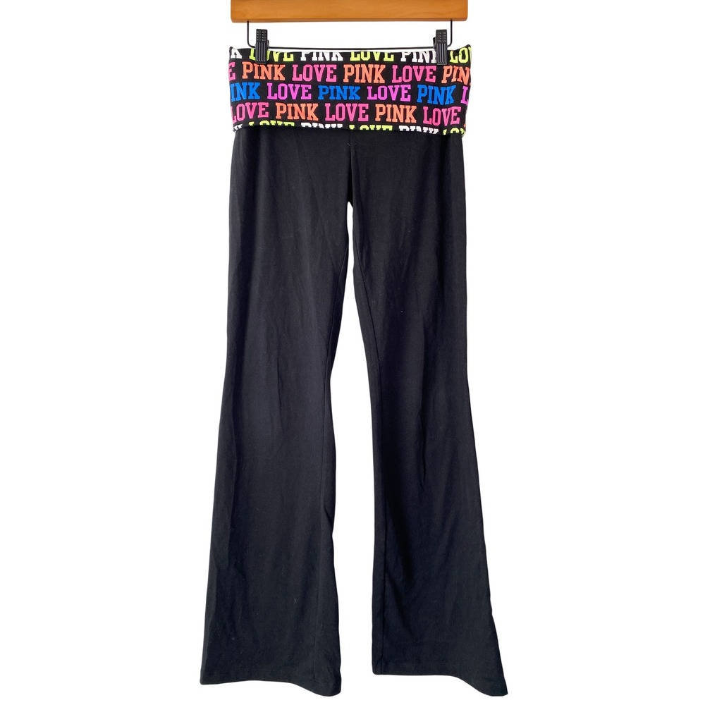 Y2K Victorias Secret PINK Womens Yoga Pants S Black Bedazzled Foldover Flare Leg